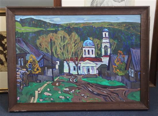 Yuri Matushevski (Russian, 1930-1999) Village church 19.5 x 28in.